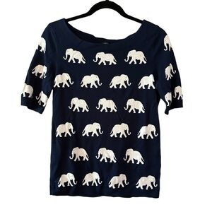 Talbots Navy and White Elephant Pattern 3/4 Sleeve Sweater Top